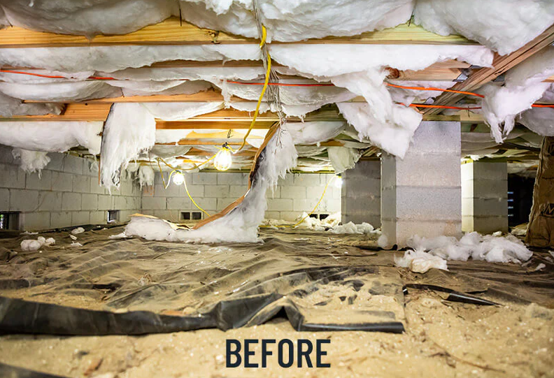 damp and dirty crawlspace with fallen insulation