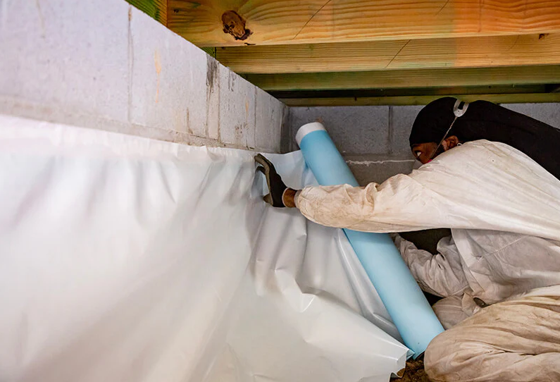 Technician installing a crawlspace liner